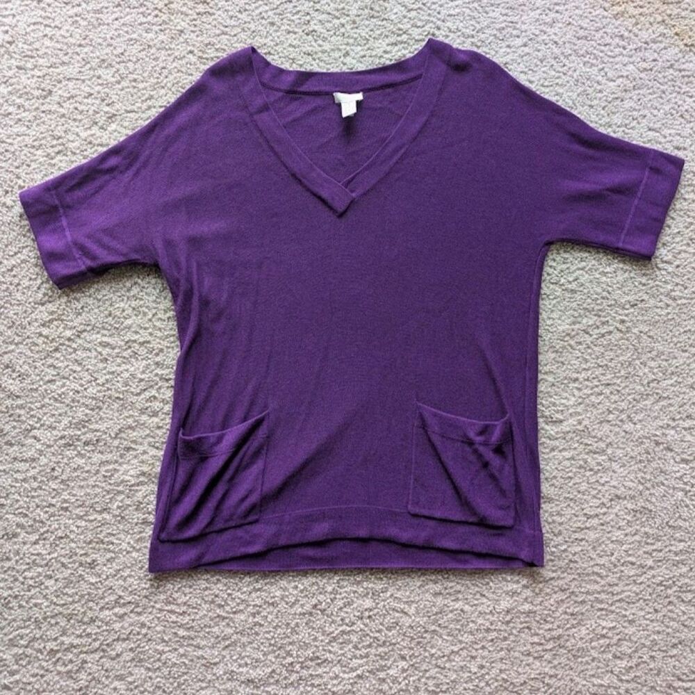 Chico's Royal Purple Relaxed Fit Viscose Blend Short Sleeve Top w/ Pockets Sz 1